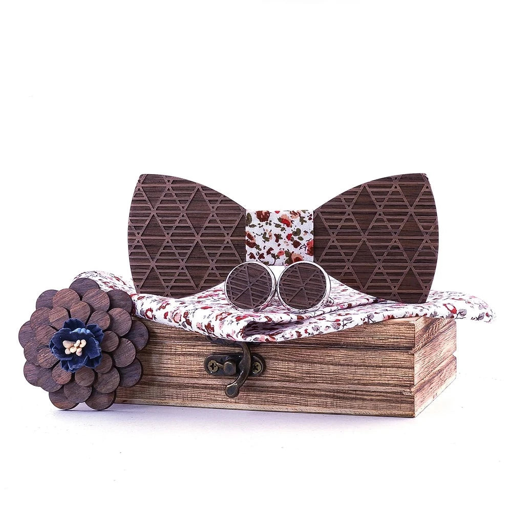 Classic Carved Wooden Bowtie Set