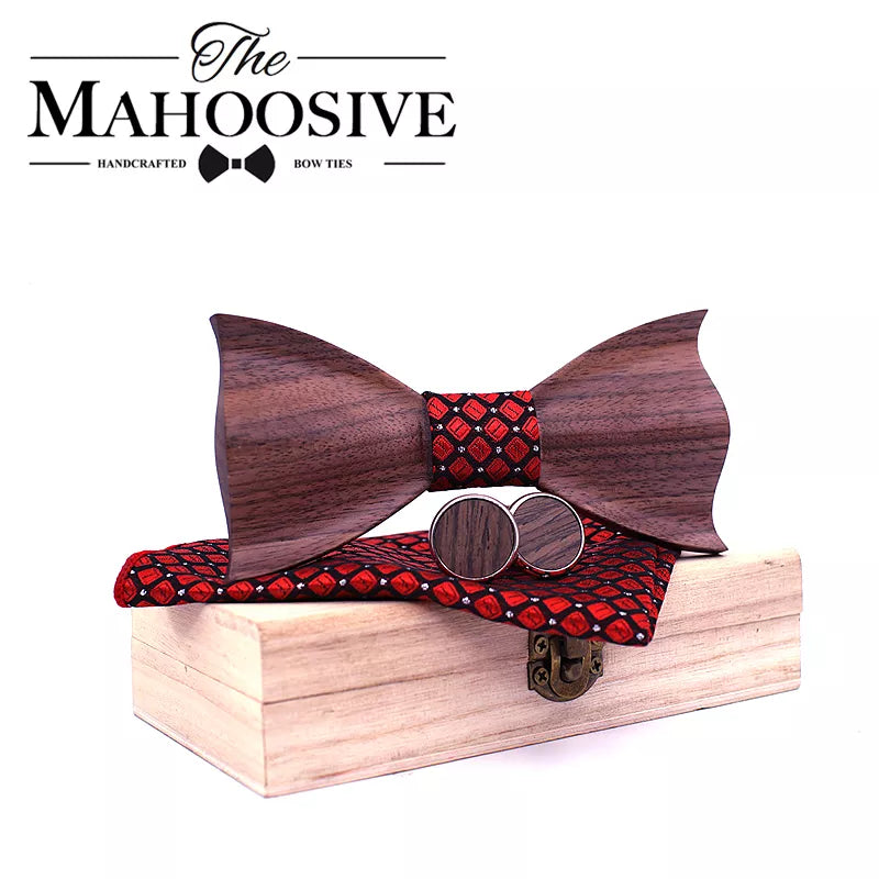 Paisley 3D Walnut Wooden Wood Bow Tie Handkerchief Cufflink Brooch Set For Mens Wedding Novelty Accessory men Ties and Box